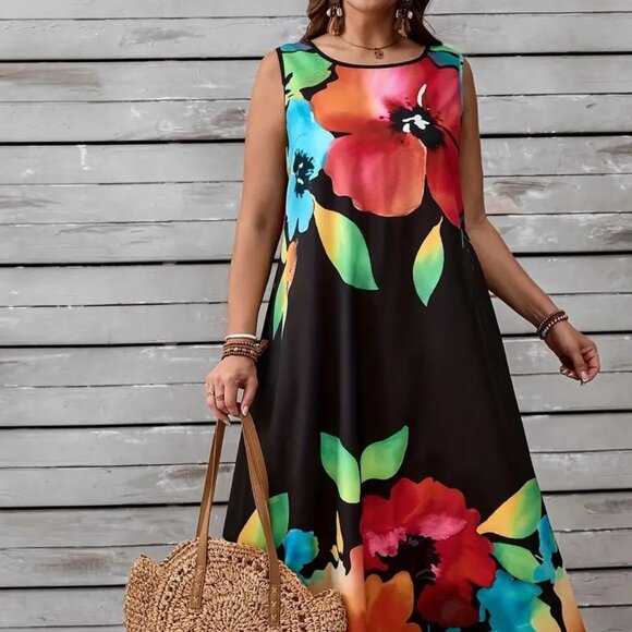 Women's Plus Size Floral Print Long Maxi Summer Holiday Beach Tank Dress 18W - Picture 2 of 6
